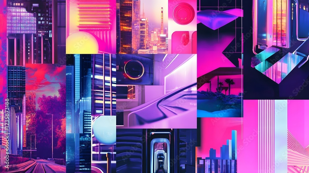 Aufkleber futuristic cityscape with vibrant neon lights and abstract architectural structures in the night sky