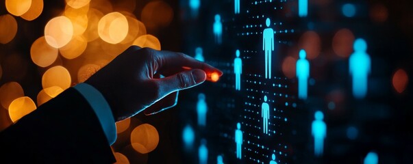 A hand touches a digital interface displaying glowing human figures against a blurred, colorful background, symbolizing technology and connectivity.