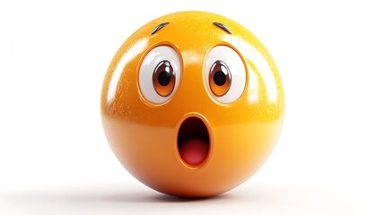 3D surprised emoticon, bright yellow sphere, digital art, isolated on white background, stock photo