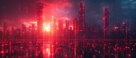 Fototapeta premium Futuristic cityscape sunset urban environment digital neon glow wide angle view