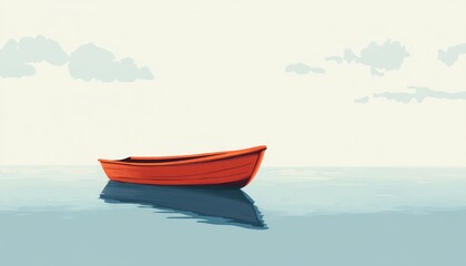 A solitary red rowboat floats serenely on calm water