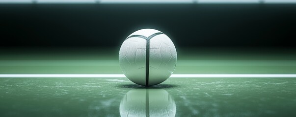 A close-up view of a tennis ball resting on a green court, illuminated by soft light, emphasizing texture and detail.