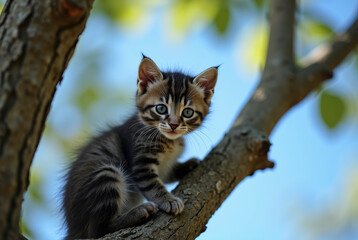 Fototapeta premium A small kitten perched on a tree branch