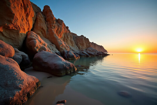 The rocky shore of the sea at sunset. - Powered by Adobe