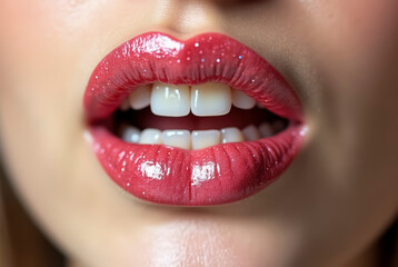 Obraz premium Women's mouth with painted lips and snow-white teeth.