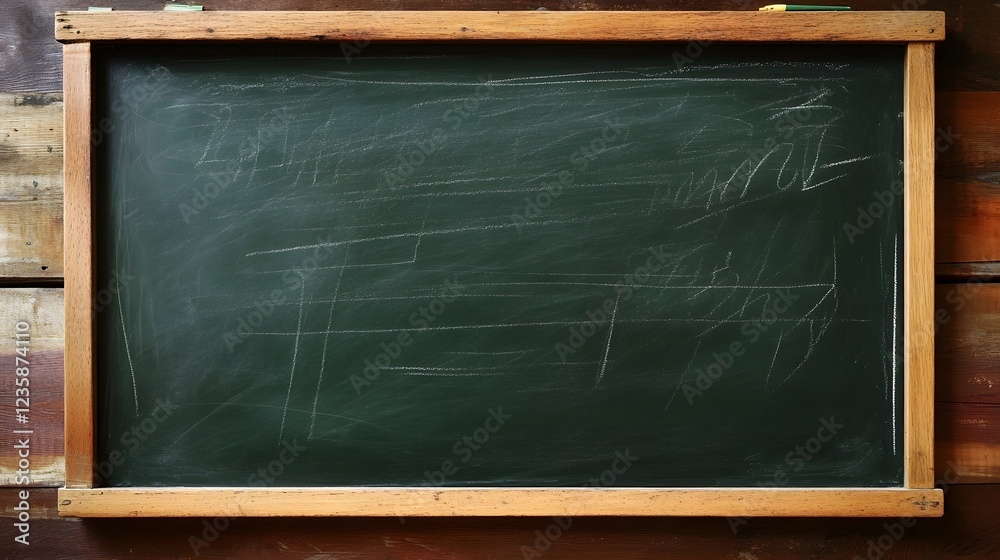 Poster Green chalkboard in rustic wooden frame with empty space for text or messages  Blank classroom or lecture hall blackboard with chalk traces  Education learning