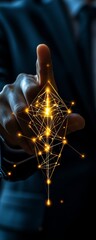 A hand reaches out, interacting with a glowing network of connections, symbolizing technology, innovation, and digital engagement.