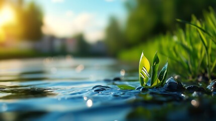 A serene image of fresh green leaves emerging from water, surrounded by a lush landscape, capturing the beauty of nature in sunlight.