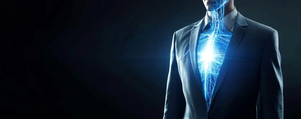 A man in a suit with a glowing, blue, digital heart visible through his chest, symbolizing technology and human connection.