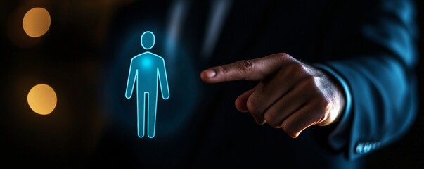 A hand points towards a holographic figure, blending technology with human representation in a modern, digital setting.