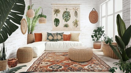 Bohemian Chic Living Room Interior Design with Natural Textures and Plants