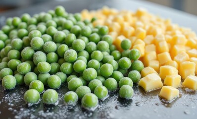 Frozen peas and diced mango on tray