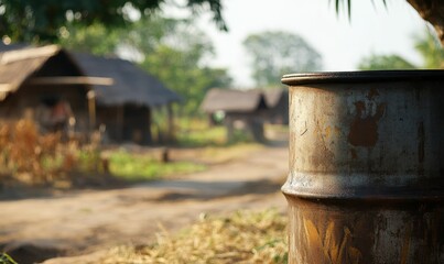 Fototapeta premium Rustic barrel, village background, sunlit path.