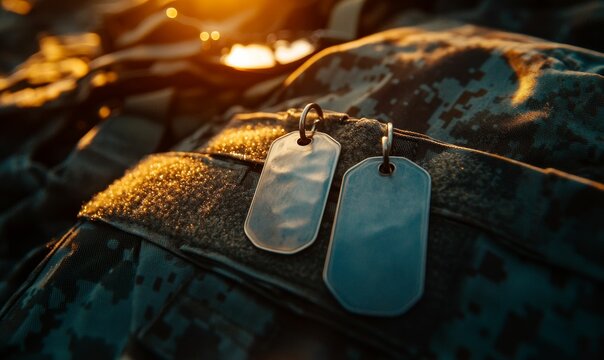 Military dog tags rest on camouflage uniform sunset light