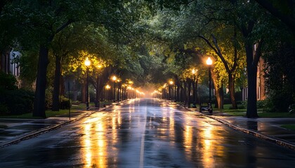 Rainy Night Street Scene Illuminated By Streetlights