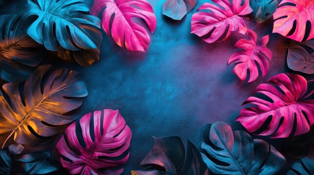Vibrant Tropical Monstera Leaves Neon Background Design