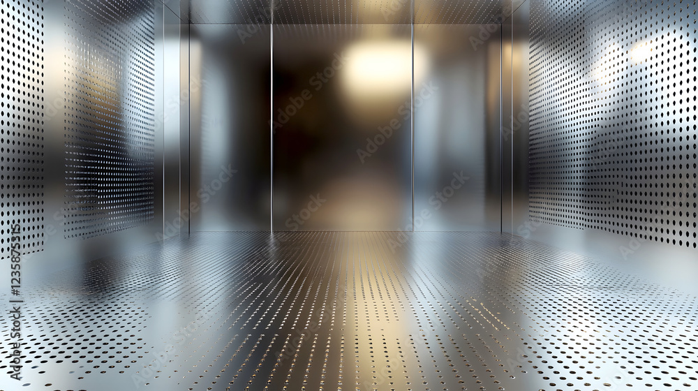 Fototapete Illuminated metallic futuristic tunnel with a repeating geometric pattern of intersecting lines and reflective surfaces creating a clean modern and technological atmosphere
