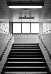 Fototapeta premium Three billboards on underground stairs wall Mockup. Triptych hoardings advertising in white tiles tunnel interior