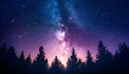 Naklejka premium Majestic Milky Way Over Silhouetted Pine Forest