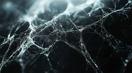 Black background with white spider webs, hanging from the left and right sides of the screen The webs are thin and long
