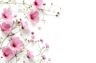 Naklejka premium Flowers composition. Pink flowers on white background. Flat lay, top view
