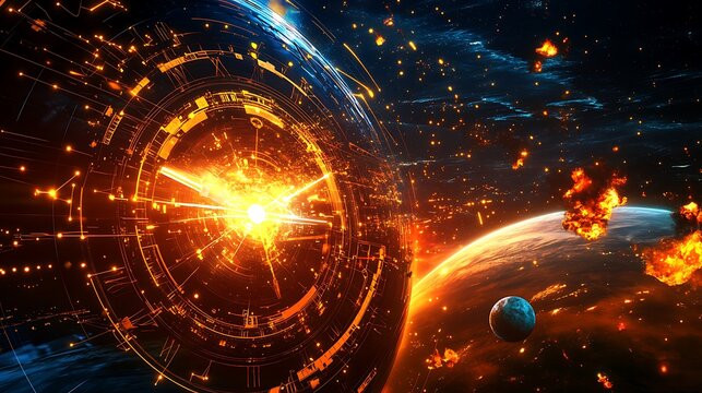 A high-tech Earth in motion with exploding stars and planets, illuminated by a glowing clock face showing time running out before an imminent disaster.