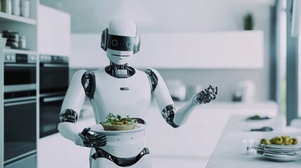 Humanoid robot personal chef preparing gourmet meals in a modern kitchen, culinary-focused home environment with distant view of cooking stations and elegant dining area, Gourmet Chef style