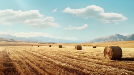 Golden Hay Bales in a Rural Mountain Landscape