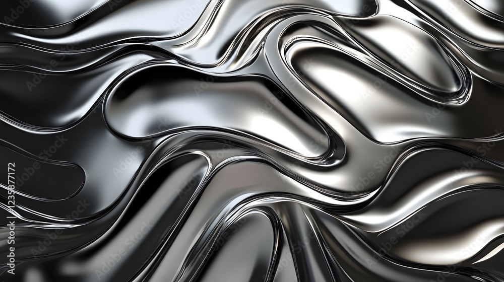 Leinwandbilder Mesmerizing abstract composition featuring dynamic metallic waves and flowing curves in a shimmering monochrome backdrop  The smooth sleek and reflective surfaces create a futuristic modern