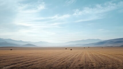 Fototapeta premium Serene Hayfield Landscape Underneath a Calm Sky