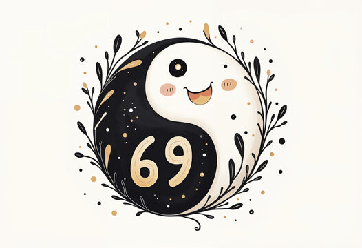 Illustration of the number 69 in the symbolic style of Yin-Yang, depicting balance and duality in life, abstract elements, reflecting harmony, cycles, 3D