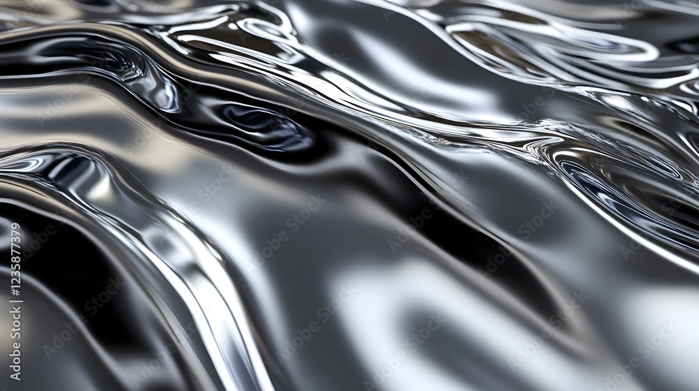 Leinwandbilder Mesmerizing abstract fluid texture with shimmering reflective surfaces and dynamic swirling motion  This captivating monochrome image showcases a hypnotic ethereal