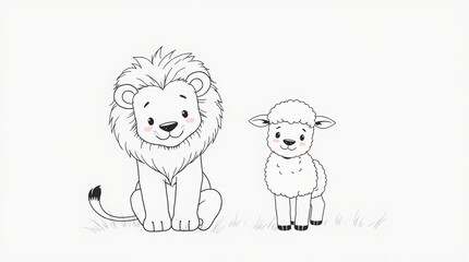 Pencil sketch doodle cute lion and lamb lying together in harmony
