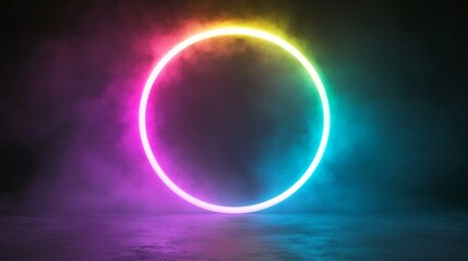 Fototapeta premium Neon Rainbow Tubes Fanning Out in Dark Atmosphere with Smoke