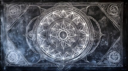 Mesmerizing abstract geometric mandala design with intricate sacred symbols visionary arcane patterns and ethereal mystical elements in a dark monochrome gothic style