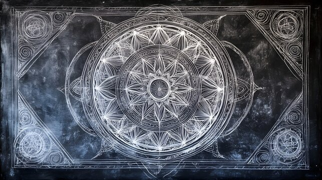 Mesmerizing abstract geometric mandala design with intricate sacred symbols visionary arcane patterns and ethereal mystical elements in a dark monochrome gothic style