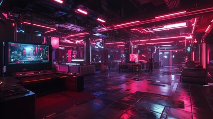 Cyberpunk Neon Lit Gaming Room Futuristic Interior Design