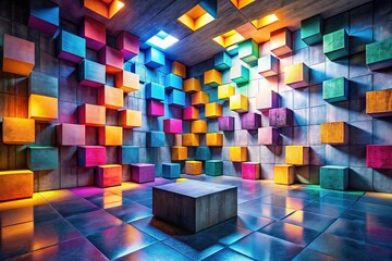 Abstract concrete cubes, tilted and shifted, create a captivating interior space.