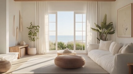 Fototapeta premium Serene Coastal Living Room with Ocean View