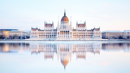 Naklejka premium Hungarian Parliament Building winter reflection, Danube, Budapest