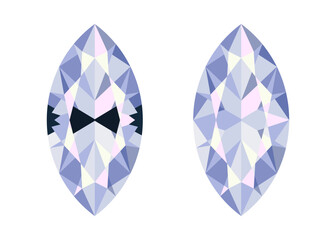 Marquise cut diamond with and without bow tie effect. Flat vector illustration