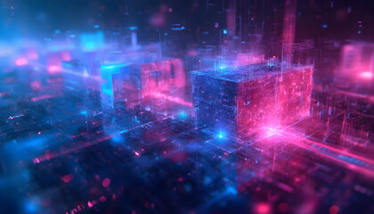 An abstract digital terrain composed of glowing cubes in blue and pink hues. This vibrant scene showcases a futuristic aesthetic, embodying concepts of technology and data visualization