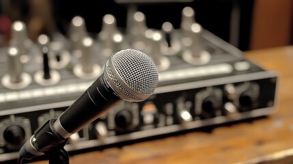 Studio microphone recording audio mixer; wooden desk background