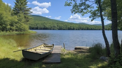 Obraz premium Tranquil Lakeside Summer Scene With Tan Canoe On Wooden Dock