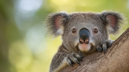 Naklejka premium Curious Koala Hanging on a Tree Branch in Nature