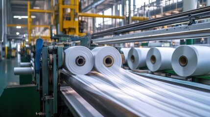 A production line in a factory with rolls of paper being processed and packaged.