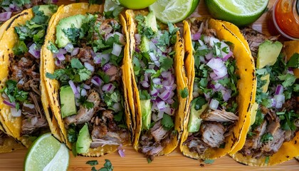 Fototapeta premium Delicious Tacos With Avocado Cilantro And Onions