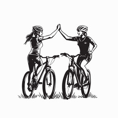 Obraz premium Bike Friends woman High Five Road Having Fun Cycling Together image vector.