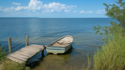 Obraz premium Weathered Boat Moored at Rustic Wooden Dock on a Summer Day