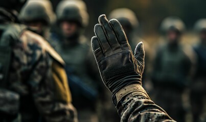 Fototapeta premium Gloved hand signals halt, soldiers stand at attention.